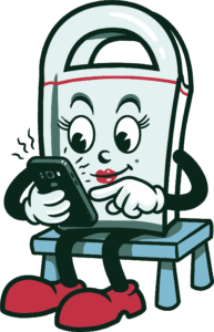 Sacolita, mascote da Ita Embalagens, no celular