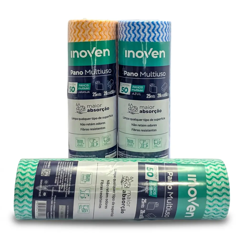 Pano multiuso Inoven 28x50 cm, rolo com 50 unidades, cores azul, verde e laranja