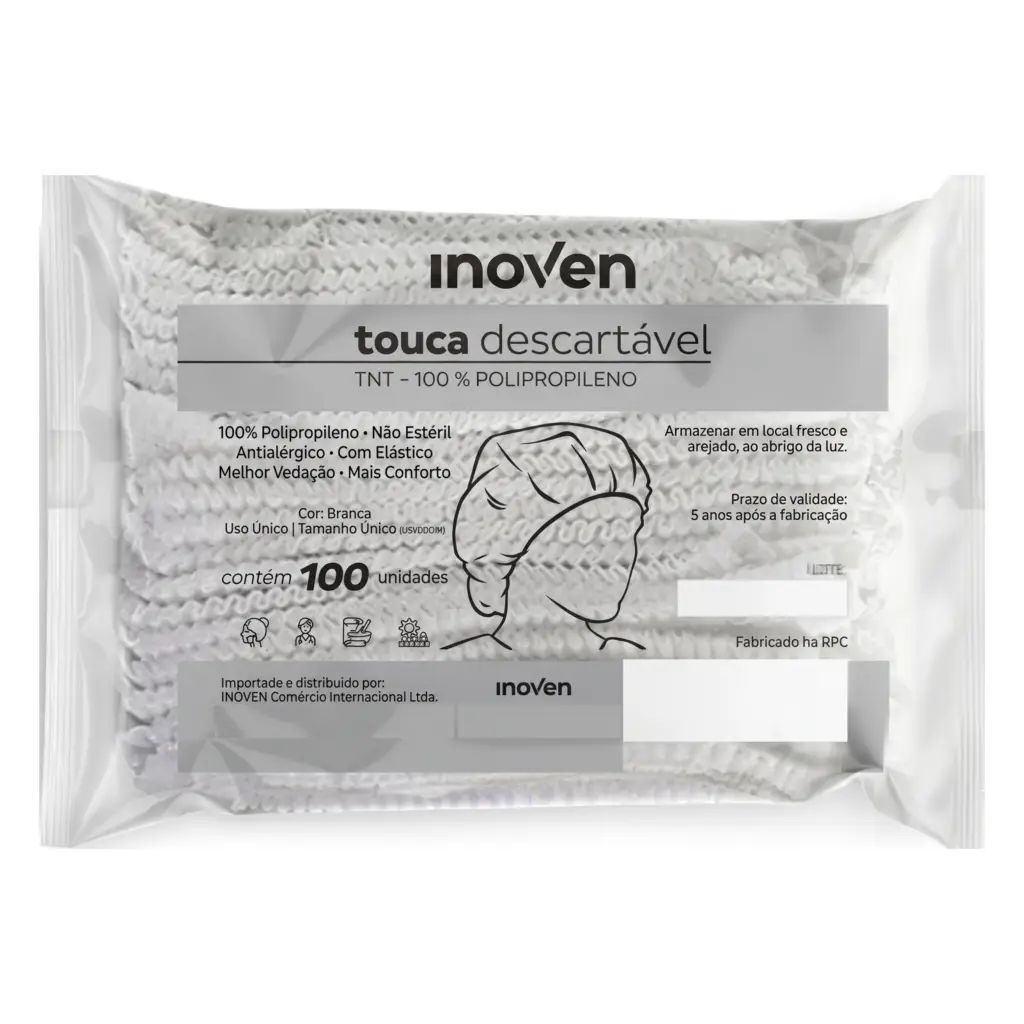 Touca descartável branca de TNT Inoven, embalagem com 100 unidades