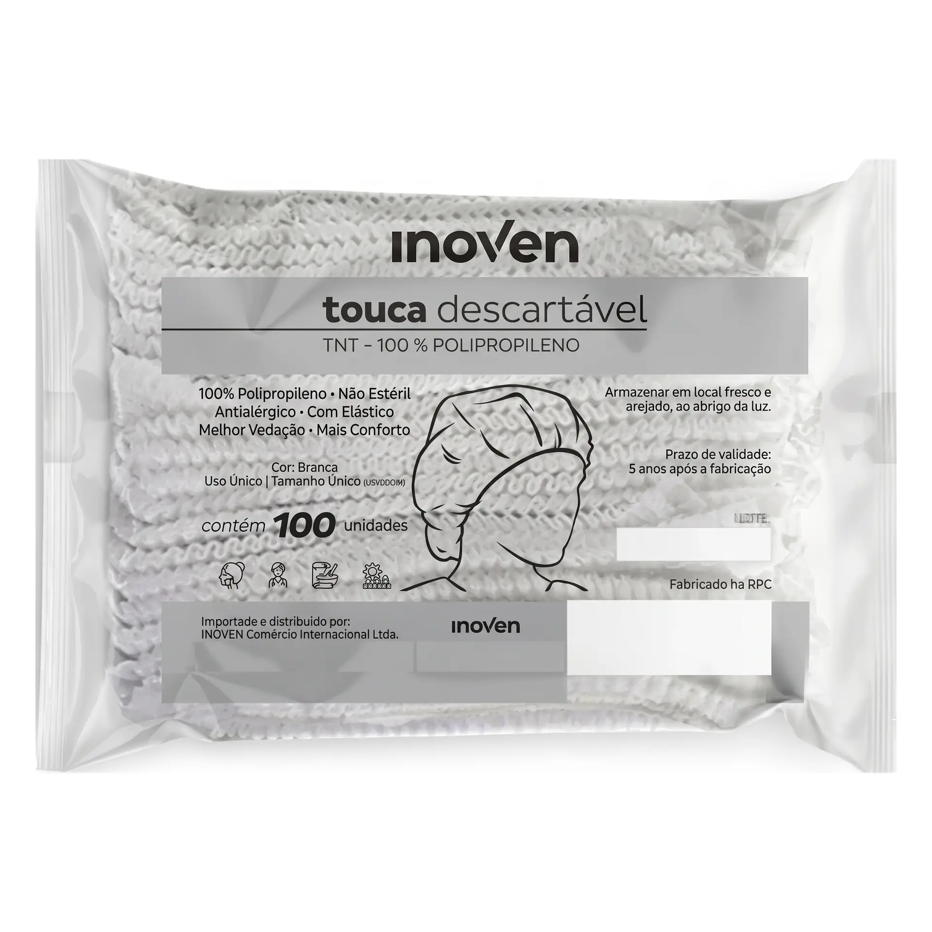 Touca descartável branca de TNT Inoven, embalagem com 100 unidades