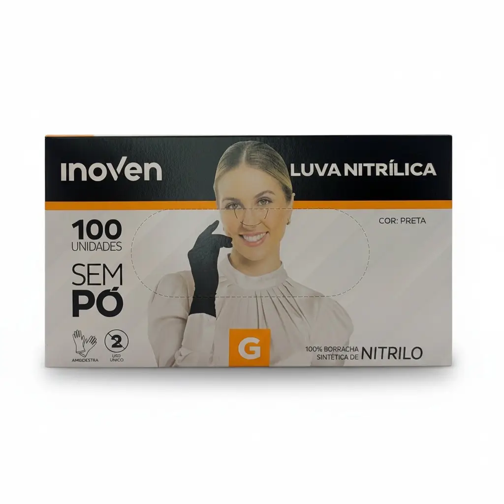 Caixa de luva nitrílica preta sem pó Inoven com 100 unidades, tamanho G