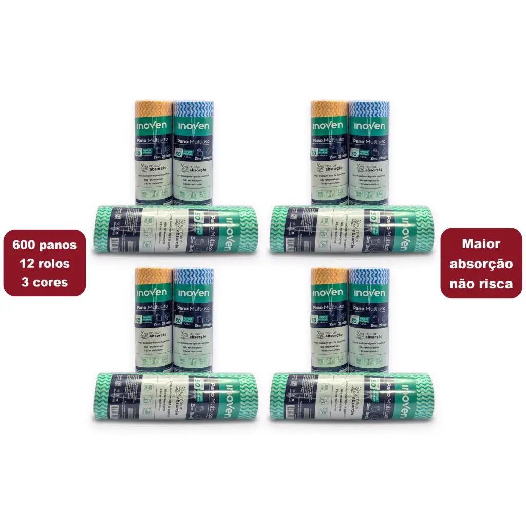 Caixa master do pano multiuso Inoven 28x50 cm, 12 rolos, 600 panos nas cores azul, verde e laranja