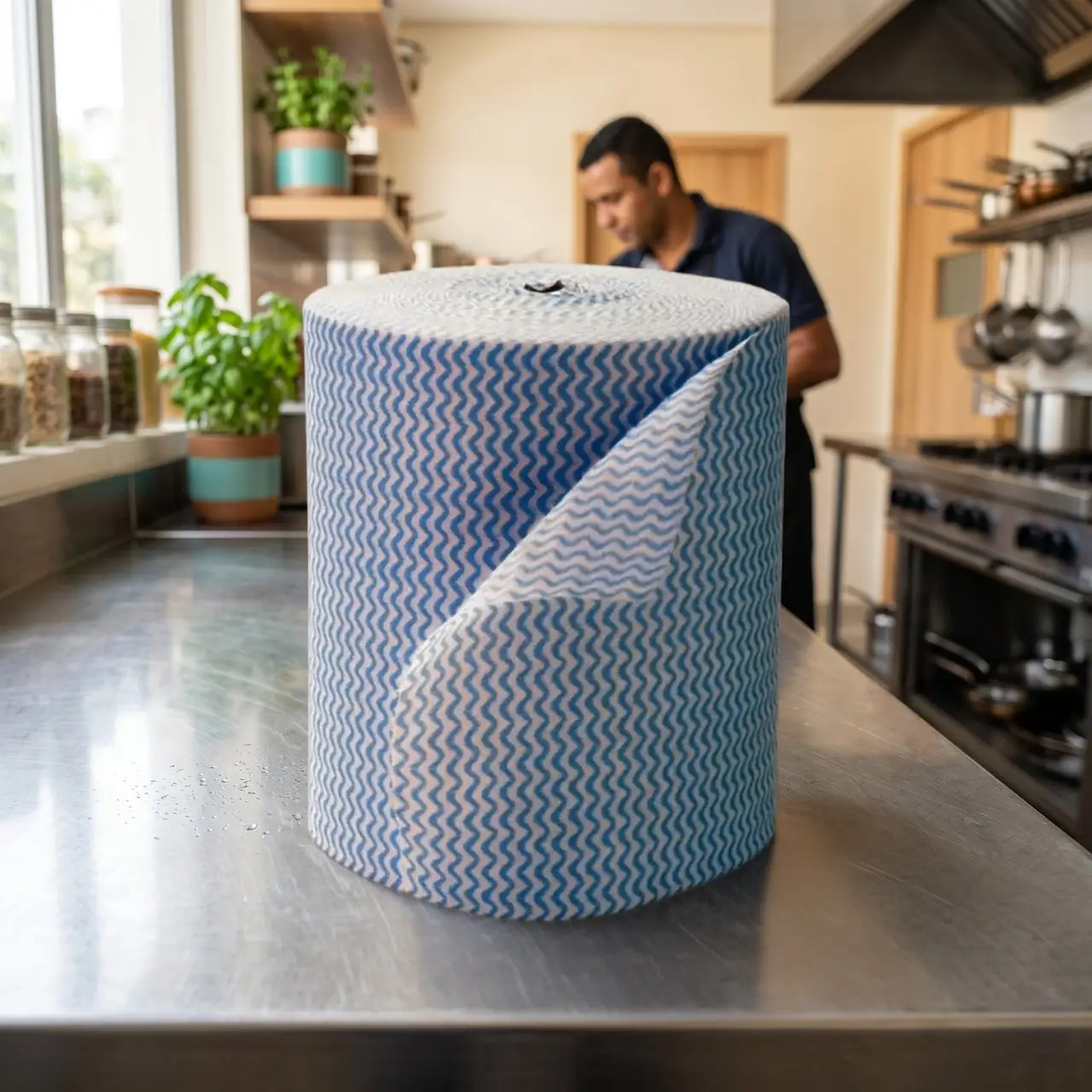 Pano multiuso azul para limpeza em bancada de cozinha comercial