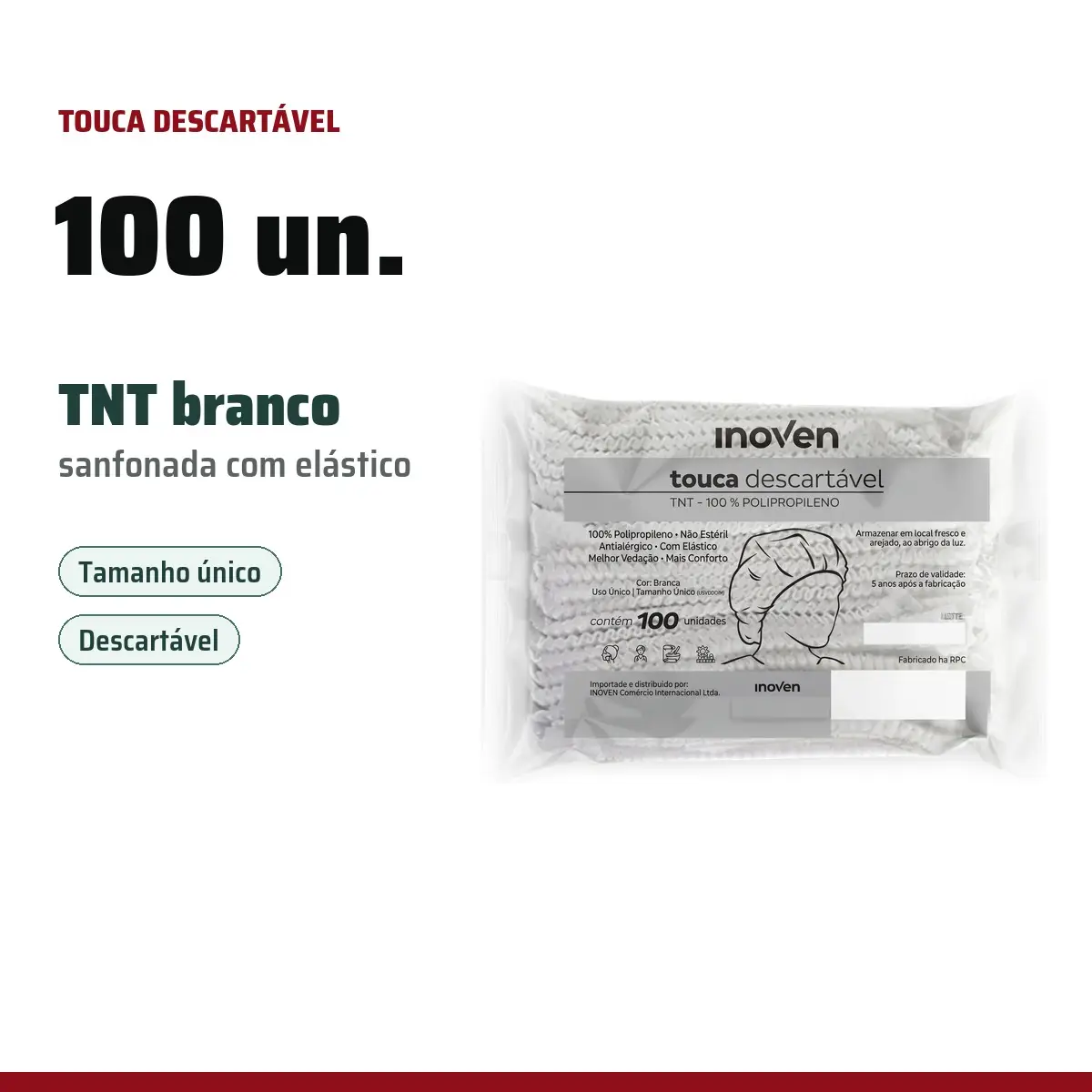 Infográfico: touca descartável TNT branca sanfonada, pacote com 100 unidades