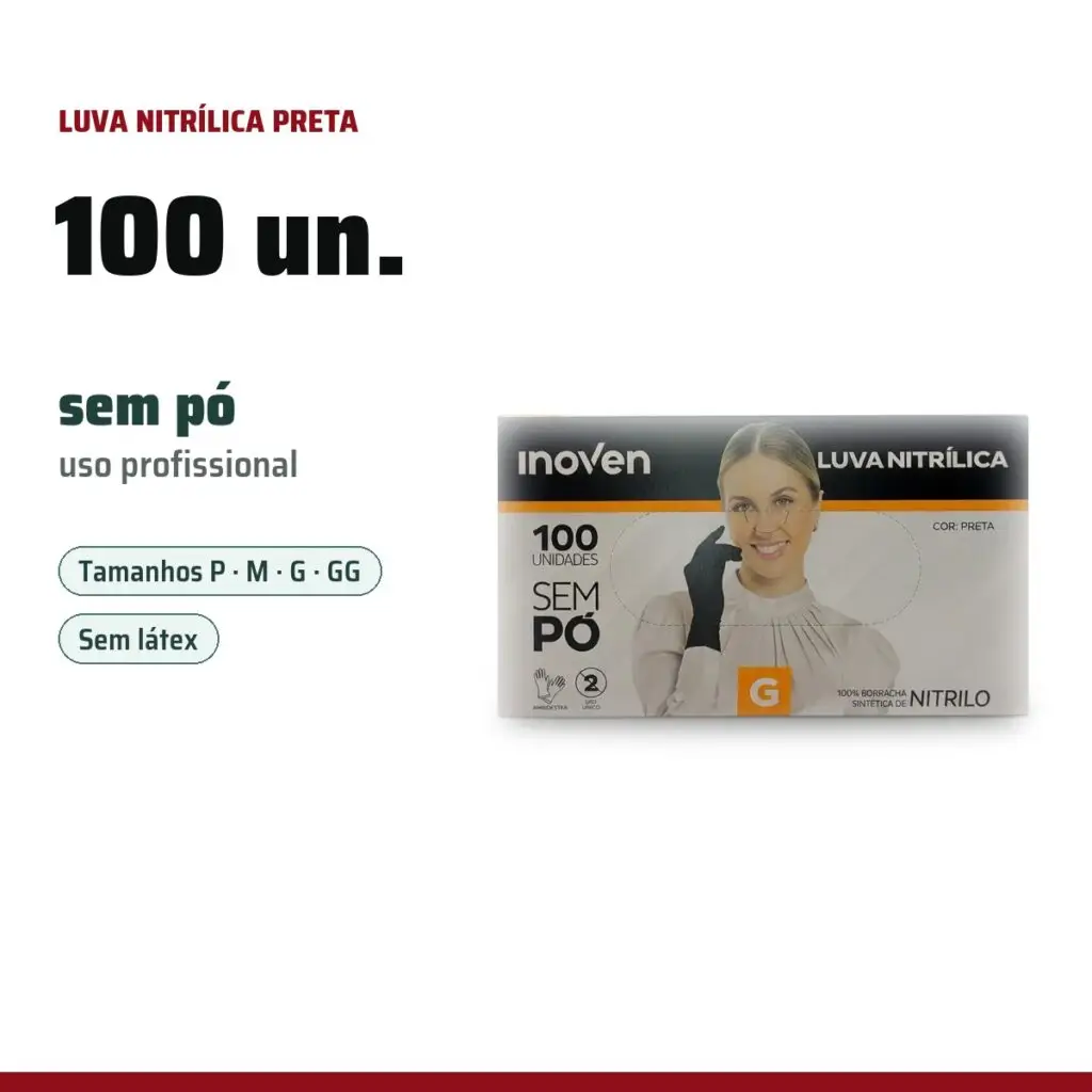 Infográfico: luva nitrílica preta sem pó Inoven, caixa com 100 unidades, tamanhos P a GG