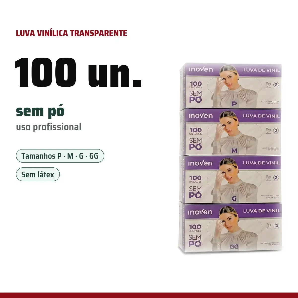 Infográfico: luva vinílica transparente sem pó Inoven, caixa com 100 unidades, tamanhos P a GG