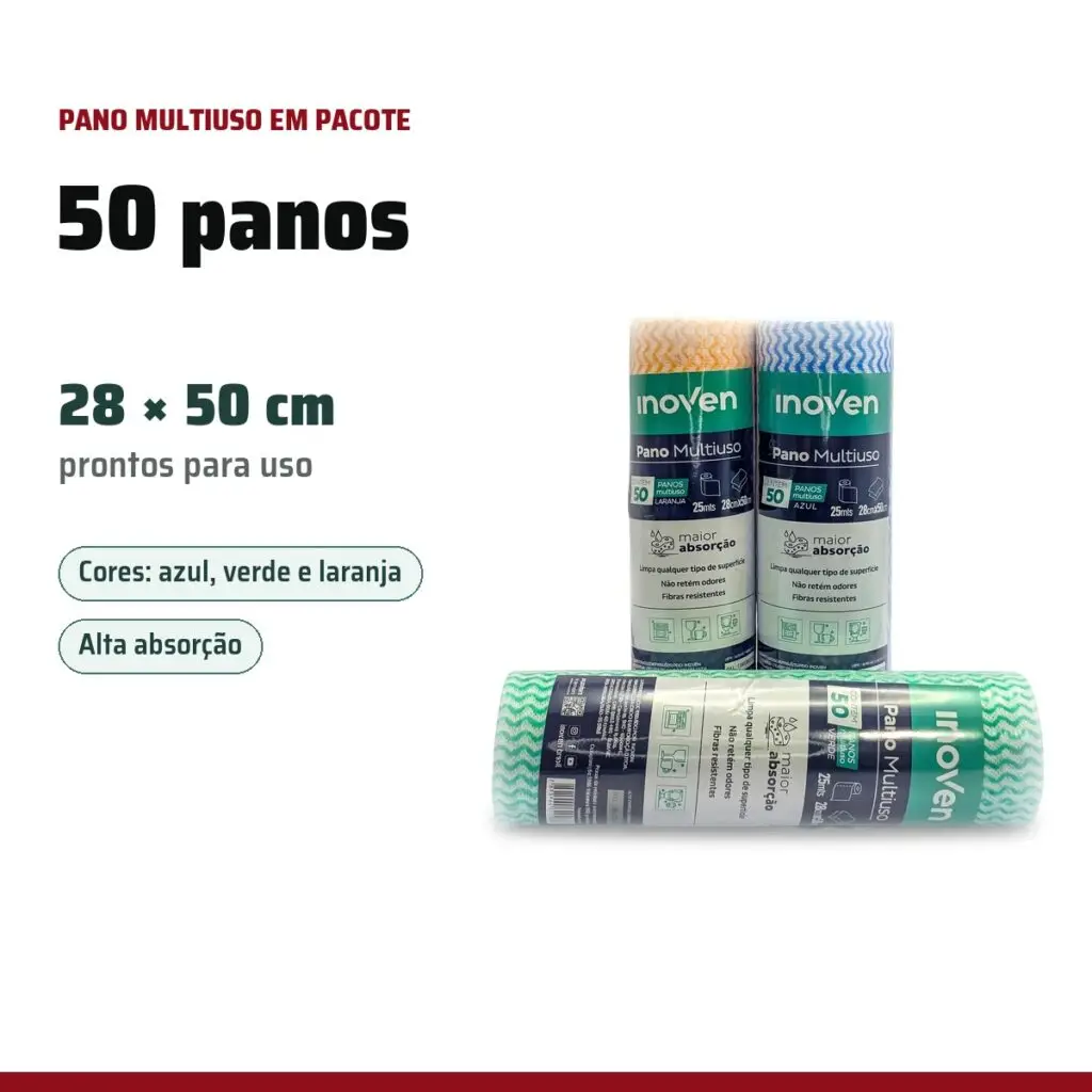 Infográfico: pano multiuso Inoven 28x50 cm, pacote com 50 panos, 3 cores