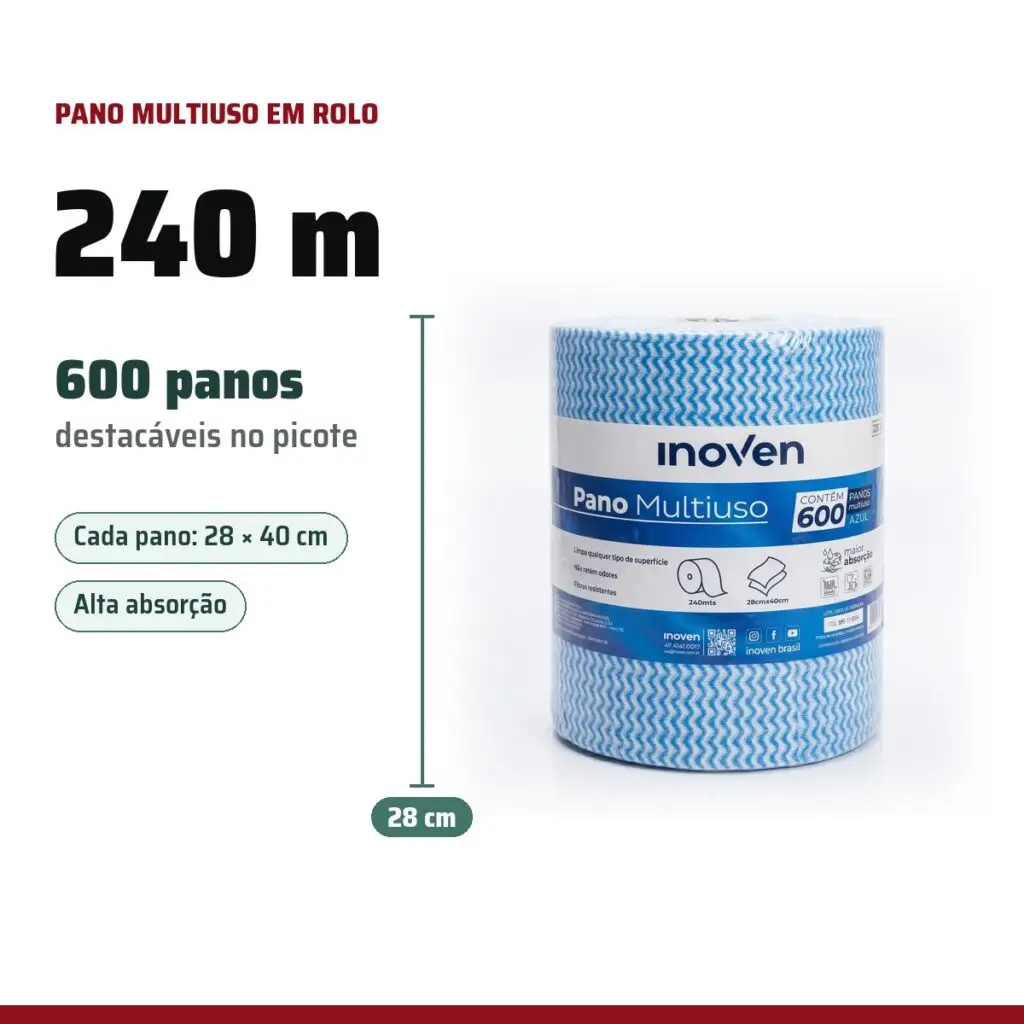 Infográfico: pano multiuso Inoven rolo 28 cm x 240 m, 600 panos destacáveis
