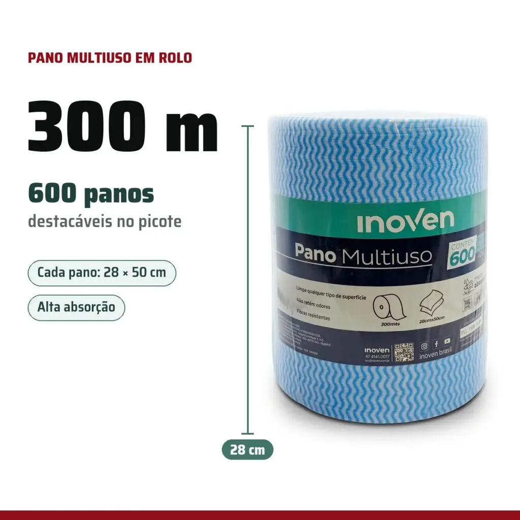 Infográfico: pano multiuso Inoven rolo 28 cm x 300 m, 600 panos destacáveis
