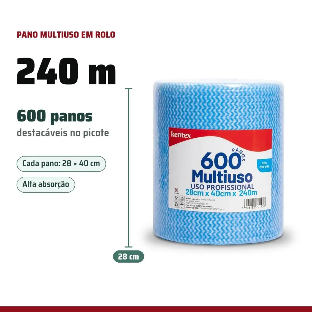 Infográfico: pano multiuso Kentex rolo 28 cm x 240 m, 600 panos destacáveis